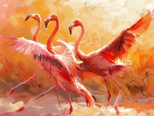 Peinture abstraite de flamants roses dansant