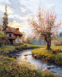 Vieille maison et paysage avec rivière