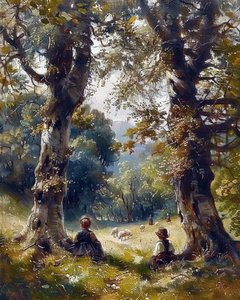Enfants assis sous les arbres dans la forêt, décoration murale moderne - F. Abderrahim