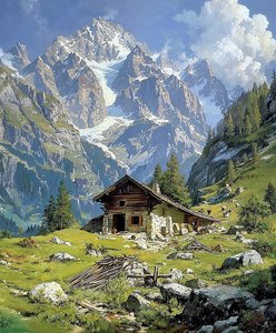 Chalet en rondins dans les Alpes suisses au printemps, décoration murale pour la cuisine - F. Abderrahim