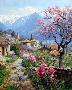 Un beau village entouré de plantes fleuries dans un paysage montagneux - F. Abderrahim
