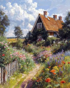 Jolie maison, jardin fleuri, paysage botanique