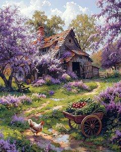 Ferme traditionnelle entourée de fleurs roses, idées de décoration murale - F. Abderrahim