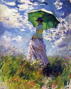 Femme en robe tenant un parapluie marchant sur une colline verte au printemps