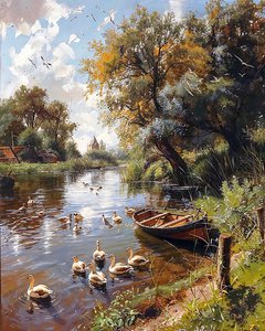 Lac tranquille, oiseaux et bateau en bois - F. Abderrahim