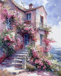 Maison entourée de plantes grimpantes avec des fleurs rouges et roses - F. Abderrahim