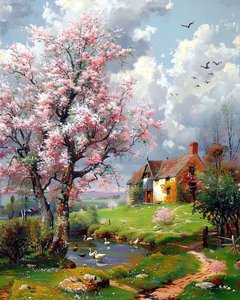 Vieille maison et paysage avec des arbres en fleurs