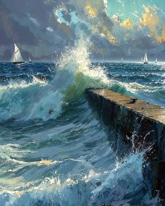 Vagues déferlantes et bateaux à l