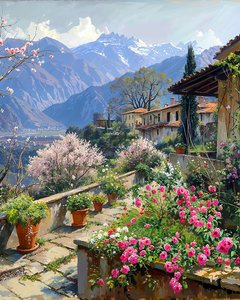 Un beau village entouré de fleurs printanières dans un paysage montagneux