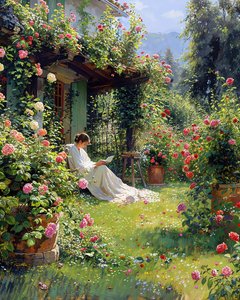 Une femme en robe blanche lisant un livre dans son jardin - F. Abderrahim