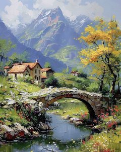 Un village au pied de la montagne; Et une arche cubique avec un ruisseau en dessous
