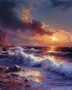 Dessin délicat de vagues au coucher du soleil sur une plage, Décor mural naturel