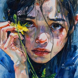 Une fille caresse une fleur jaune, portrait en gros plan, impression sur toile en ligne - F. Abderrahim