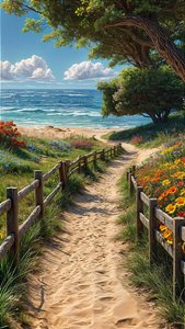 Un chemin de sable mène à une belle plage avec une clôture en bois et des fleurs colorées.
