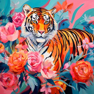 Peinture abstraite Pivoine Rose et tigre, couleurs vives, idées de décoration murale