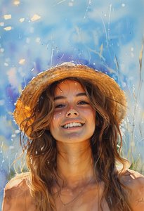 Belle femme portant un chapeau et des cheveux bruns flottants au bord de la mer - F. Abderrahim