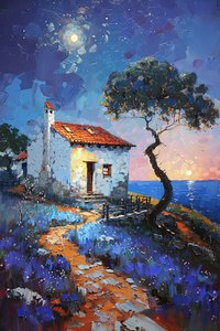 Chalet surplombant la mer au clair de lune, paysages du Portugal