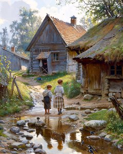 Vie rurale quotidienne. Rue du village, enfants devant une cabane en bois - F. Abderrahim