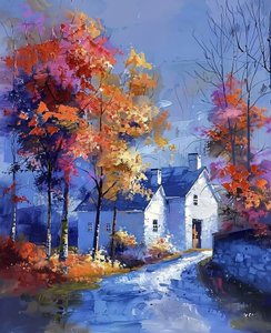 Peinture de paysage : maisons de ferme et cottages dans des tons bleus froids