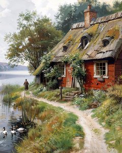 Vieux village russe, hutte, huile sur toile, décoration murale encadrée - F. Abderrahim