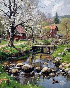 The Mill Cottage in Spring, huile sur toile, décoration murale encadrée - F. Abderrahim