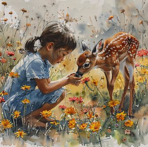 aquarelle Fille nourrissant un bébé cerf, chevreuil tacheté