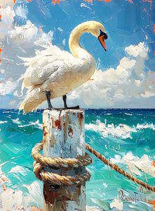 Oiseau migrateur blanc, oies au bord de la mer, couleurs bleues, idées de décoration murale - F. Abderrahim