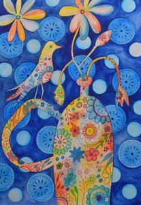 Oiseau sur vase de fleurs - Marys Watercolors