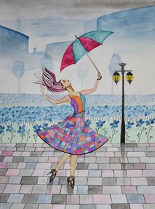 Elle danse sous la pluie - Marys Watercolors