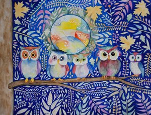 Hiboux la nuit - Marys Watercolors