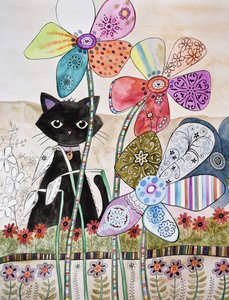 Chat derrière les fleurs - Marys Watercolors