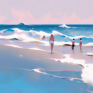 People on the Beach Minimalist Watercolor with Waves, Wall Decor for sale - F. Abderrahim