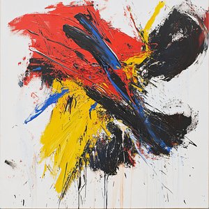 Peinture abstraite colorée à coups de pinceau, rouge, bleu, jaune et noir ; impressions sur toile