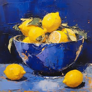 Un vase en céramique bleue avec du citron dans la cuisine, Décor mural encadré