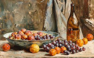 Nature morte, fruits et bouteille de vin, peinture au pinceau, Décoration murale à vendre - F. Abderrahim