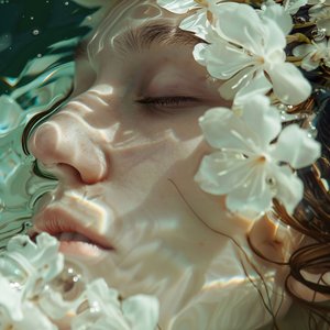 Belle jeune femme appréciant le parfum des fleurs blanches, Modern Canvas Wall art