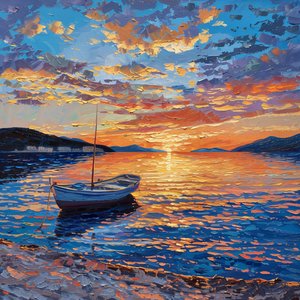 Bateau sur la rivière au coucher du soleil Belle, Dalmatie, Croatie Huile sur toile, Décoration murale à vendre