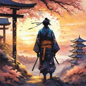 Samouraï japonais, dans un temple sur une montagne, couleurs roses, Impressions sur toile personnalisées