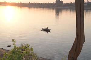 Reflets dorés du coucher de soleil sur une rivière paisible