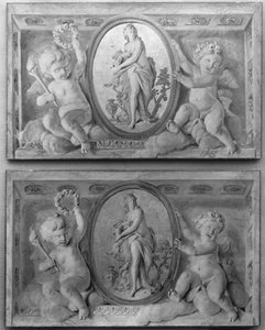 Paire de dessus de porte avec Diane ou une nymphe dans un médaillon ovale soutenu par des amorini, 1770-90 - 18th century . French Painter
