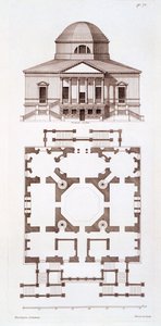 Plan et élévation de Chiswick House, gravure réalisée par Herisset, vers 1720