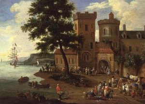 Pêcheurs déchargeant leur prise, et messieurs quittant une maison de maître - A.F. and Bouts P. Boudewyns