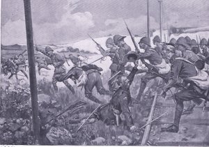 Charge des fusiliers écossais à Frederikstad, illustration de Après Pretoria : La guerre de guérilla, 1902 - A. C. Ball