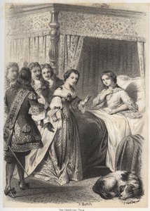 Madame Deshoulières, Antoinette Ligier de La Garde (1637-1694) submergée de questions par son entourage après une nuit passée dans la peur du fantôme. Gravure de A. Duruy dans « Illustrations littéraires de la France ; ou, Galerie anecdotique de nos pr - A. Duruy