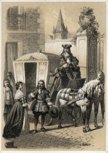 Marie de Rabutin-Chantal, Marquise de Sévigné dite Madame de Sévigné (1626-1696) forçant Gilles Ménage (1613-1692), grammairien et écrivain français à monter dans sa calèche. Gravure de A. Duruy dans « Illustrations littéraires de la France ».