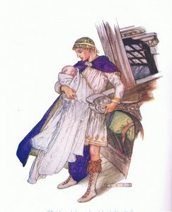 Périclès prit le nouveau-né dans ses bras (Périclès, Prince de Tyr), de Contes de Shakespeare pub. par Ward Lock & Co Ltd