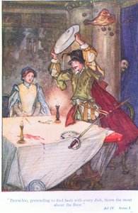 Pettruchio, prétendant trouver à redire à chaque plat, jetait la viande par terre (La Mégère apprivoisée), de Contes de Shakespeare pub. par Ward Lock & Co Ltd - A. Jackson