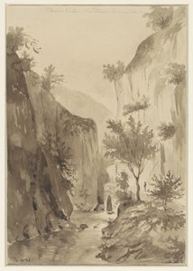 Rivière entre des rochers couverts de végétation; à droite un chemin