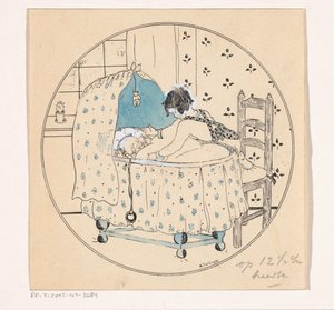 Fille voulant sortir un bébé du berceau - A. Tinbergen (signed by artist)