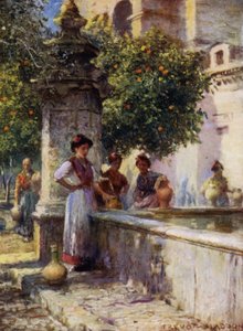 Cordoue, Fontaine dans le Patio de los Naranjos (lithographie en couleur) - A. Trevor Haddon